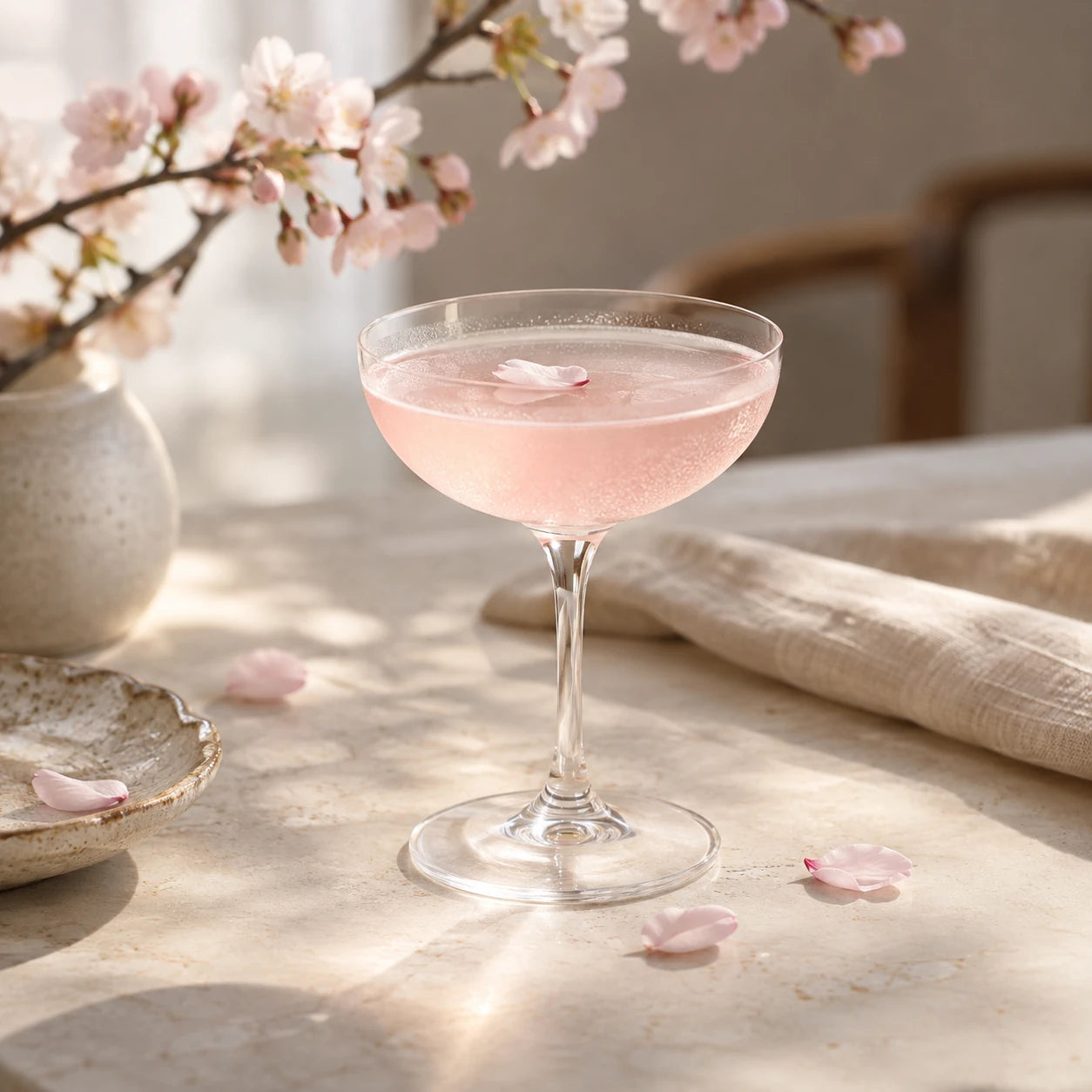 桜を添えた淡いピンク色のカクテルの飲用イメージ