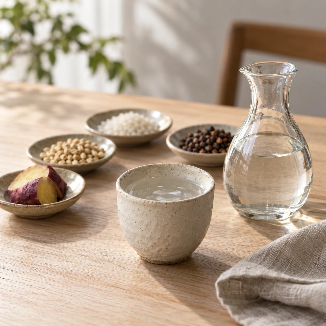焼酎の器と、芋・麦・米・蕎麦を別々の小皿に置いたイメージ