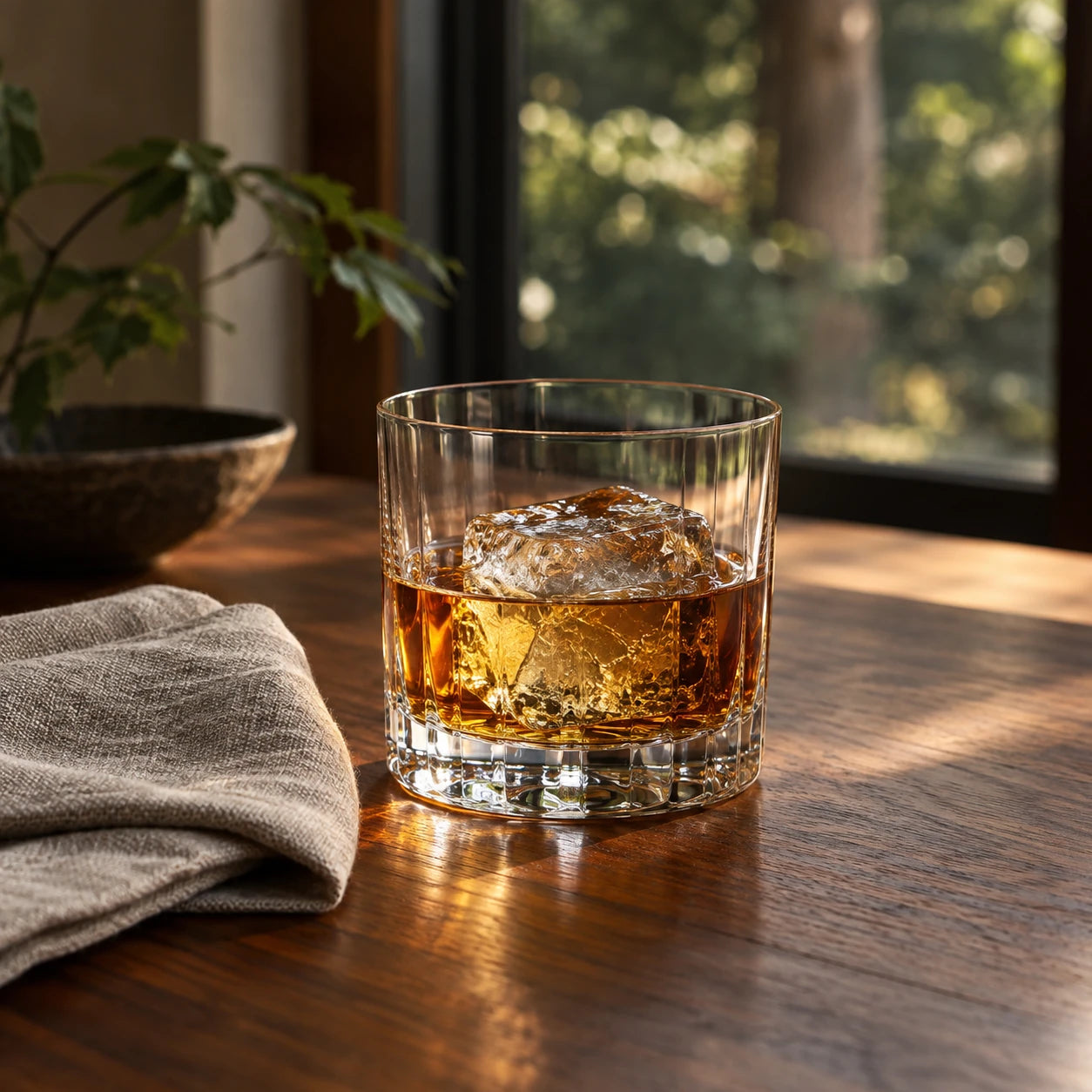 森を望む窓辺に置いたウイスキーの飲用イメージ